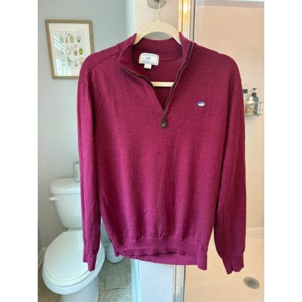 Southern Tide Skipjack Mens Large Plum 100% Merino Wool Quarter Zip Sweater